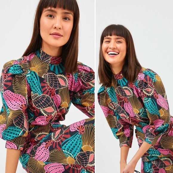 NWT Farm Rio Mock Neck Shell Print Blouse Sz M Boho Coastal Beachy Tribal Batik - Picture 5 of 13